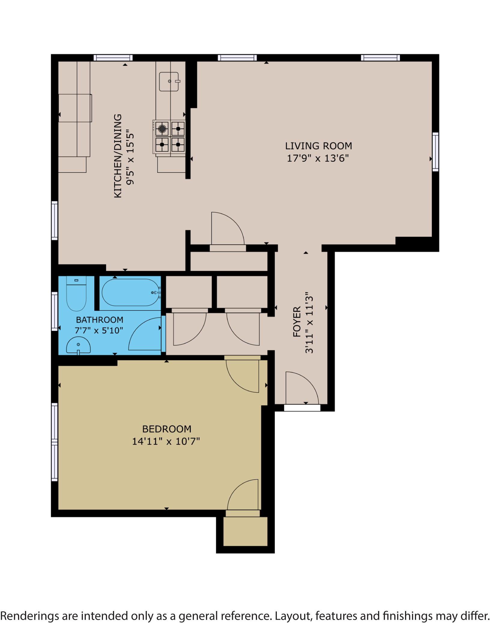 Floor plan for 1 bed, 1 bath, 729 sqft